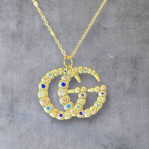 Gorgeous Upcycled Elegant Gold Gucci Pendant Necklace with Multicolor Accents